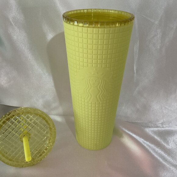 Starbucks Yellow Grid Textured Tumbler With Lid & Straw 24 Oz Cold Cup Summer Ed - Picture 4 of 5